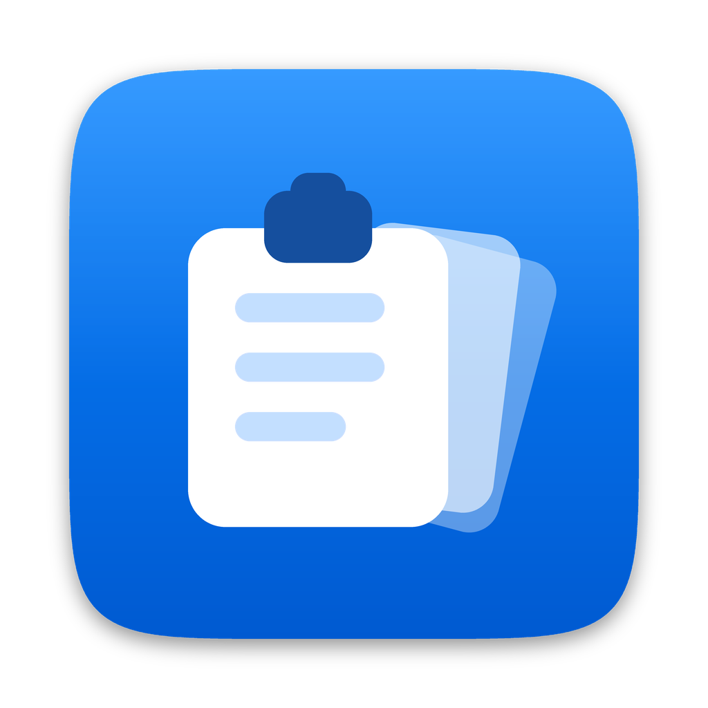 Clipbin app icon: a white clipboard with two sheets fanned behind it on a blue rounded square